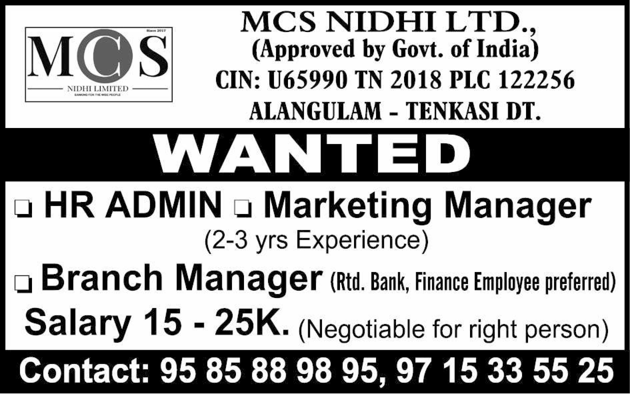 tenkasi life job vacancy