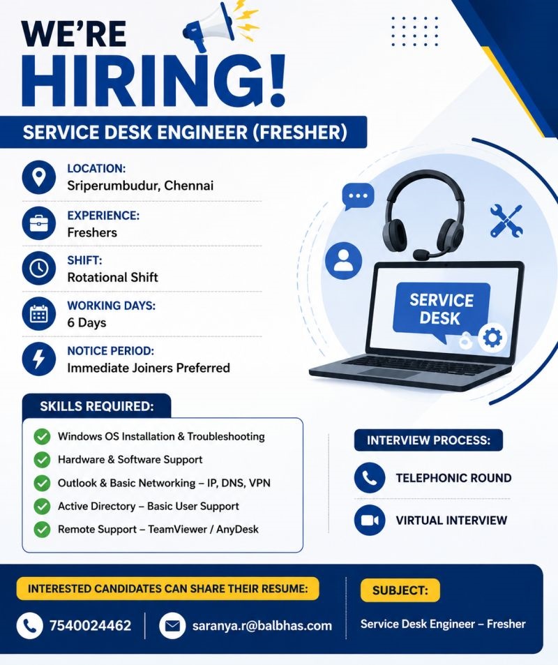 Join Balbhas as a Fresher Service Desk Engineer