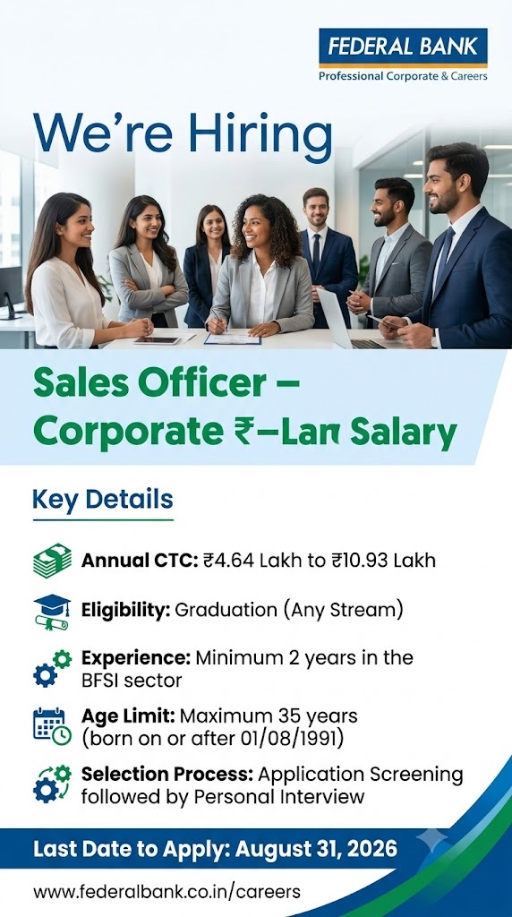 Federal Bank Hiring 2026: Sales Officer – Corporate