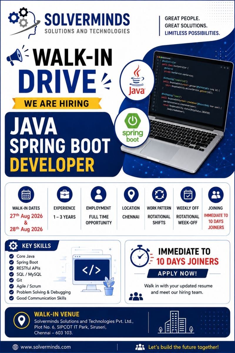 WALK-IN DRIVE – JAVA SPRING BOOT DEVELOPER