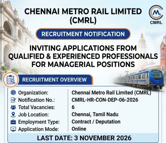 Chennai Metro Rail Recruitment 2026 CMRL-Recruitment