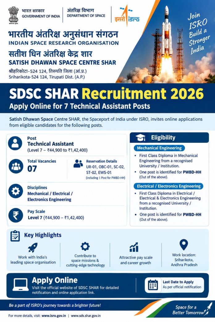 ISRO SDSC SHAR Recruitment 2026 ISRO SDSC SHAR Recruitment 2026 – Technical Assistant and other vacancies