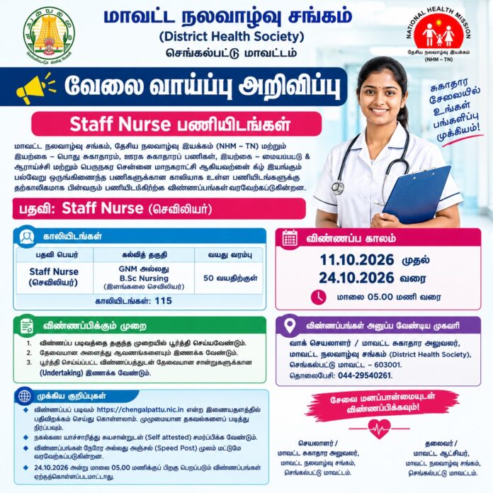 Chengalpattu DHS Recruitment 2026 – Staff Nurse Job Post